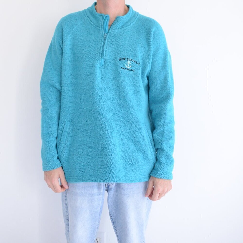 Vintage Isaacs Design Sports Teal Embroidered New Buffalo Mi Quarter Zip Sweater